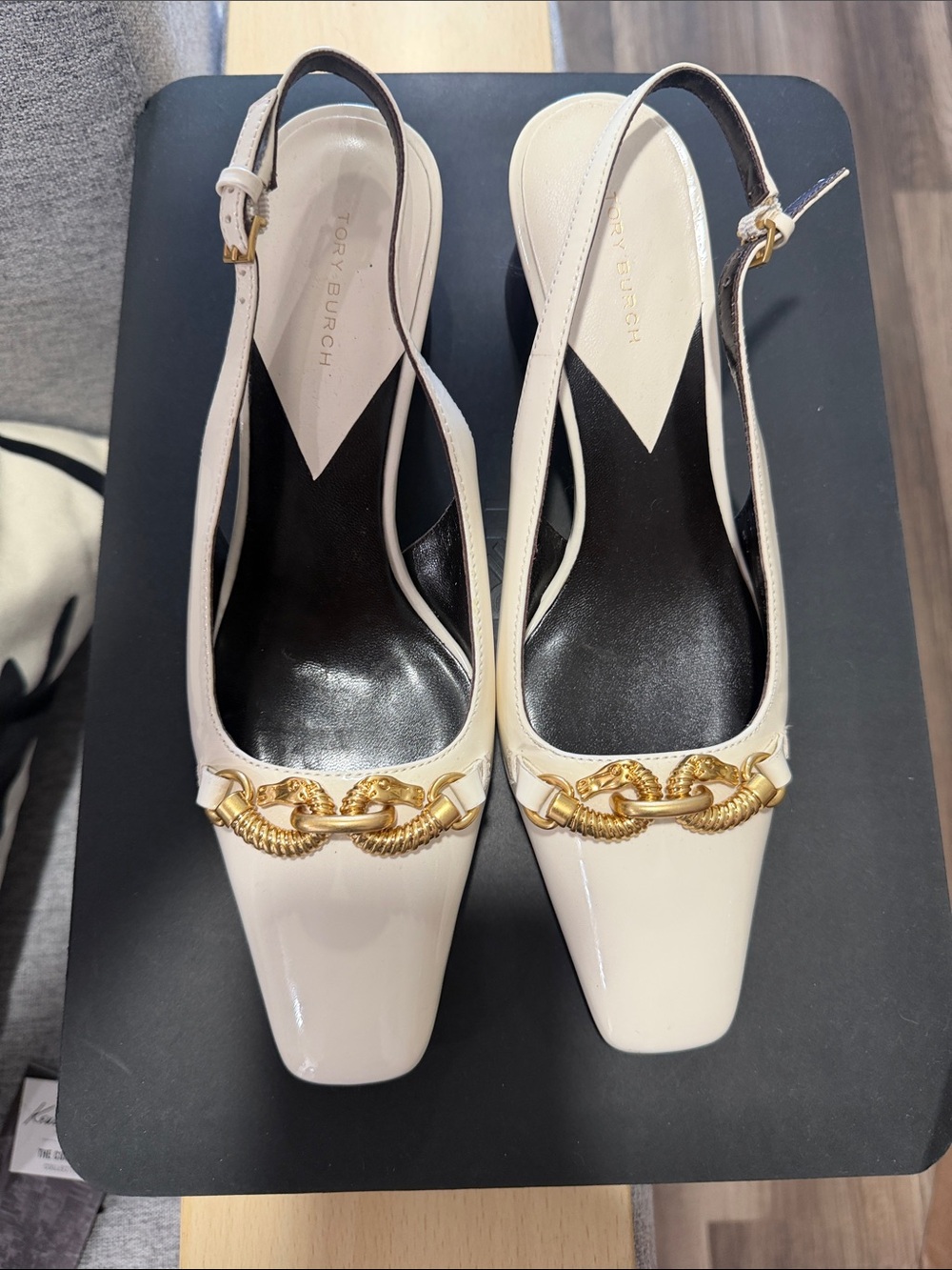 Tory Burch Cream Patent Leather Slingback Mules with Gold Chain Detail